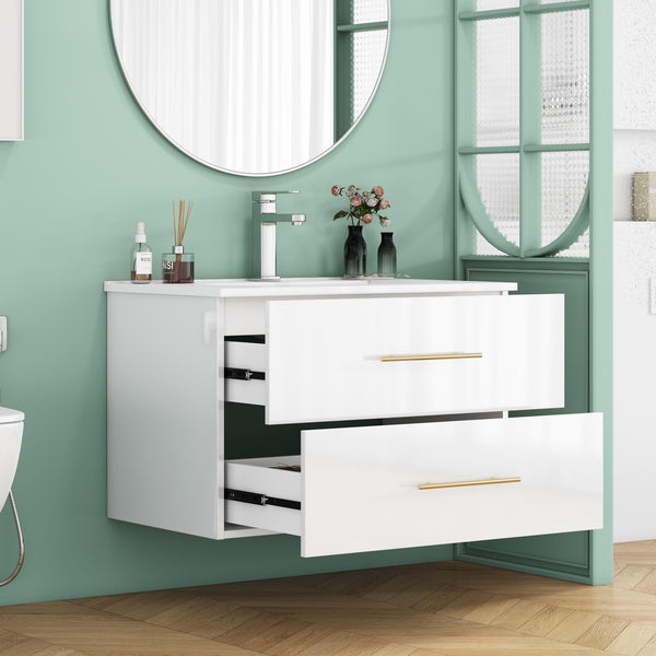 English Elm 30-Inch Sleek Wall-Mounted Bathroom Vanity With Integrated Sink, Double Drawers & Easy Installation W3151S00053
