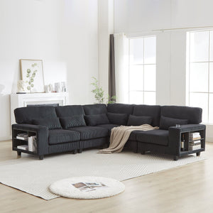 English Elm 102.75*102.75" L-Shaped Modular Sectional Sofa with Corduroy Upholstery, Storage Arm, Cup Holder, 5-Seat Convertible Lounge Black W1926S00052