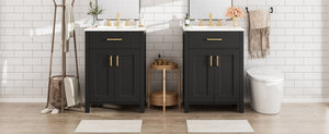 English Elm Modern 48 Inch Freestanding Bathroom Vanity Dual Ceramic Sinks Soft Close Gold Handles Black N729P000008B