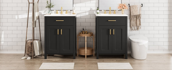 English Elm Modern 48 Inch Freestanding Bathroom Vanity Dual Ceramic Sinks Soft Close Gold Handles Black N729P000008B