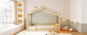 English Elm Full Size Pine Playhouse Bed with Roofline and Fence Rails for Kids Bedroom Natural WF302177AAN
