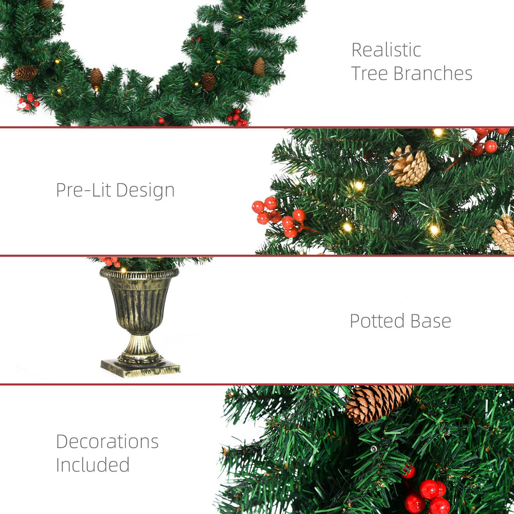 English Elm HOMCOM Prelit 4-Piece Holiday Set with 2 Entry Trees, Garland & Wreath, Warm White LEDs, Red Berries W2225P229437