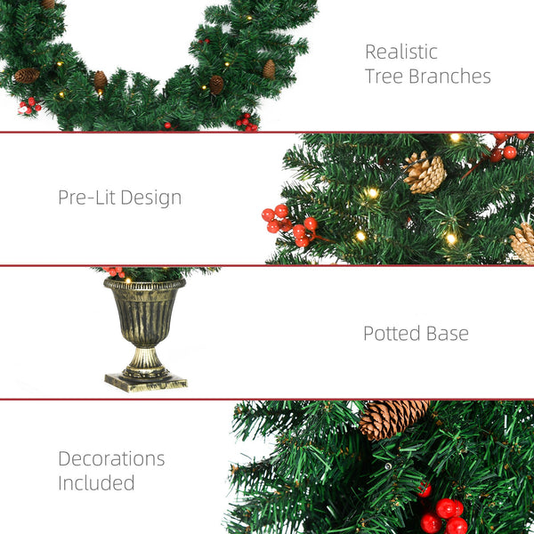 English Elm HOMCOM Prelit 4-Piece Holiday Set with 2 Entry Trees, Garland & Wreath, Warm White LEDs, Red Berries W2225P229437