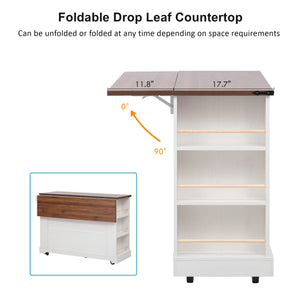 English Elm K&K 53" Farmhouse Kitchen Island with Drop Leaf, Tempered Glass Doors, Power Outlet, Rolling Cart White N707P263637W