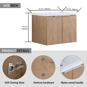 English Elm Bathroom Floating Vanity 24" with Resin Sink, Soft-Close Doors, Wall-Mount Design, Spacious Storage W99950714