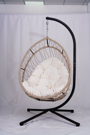 English Elm Outdoor Egg-shaped Hanging Chair with Stand — Beige Gray+White HDPE Cushions, 350lb Sturdy Frame W2500P290032