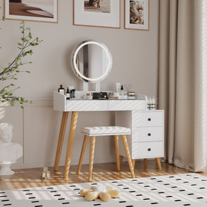 English Elm Dressing Table with LED Touch Mirror, Glass Top, 5 Drawers & Extendable Side Table, White, USB W2139P193930