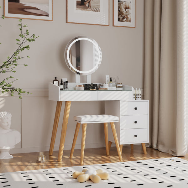English Elm Dressing Table with LED Touch Mirror, Glass Top, 5 Drawers & Extendable Side Table, White, USB W2139P193930