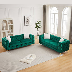 English Elm Fx Velvet Tufted 6 Seat Sofa Set Chesterfield Style with Button Detail Living Room Green W1926S00084