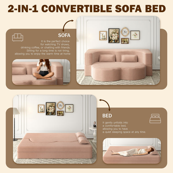 English Elm Modern Full Size Folding Sofa Bed with Plush Corduroy, 2 Pillows, 15" Foam Mattress, No Assembly Required Pink W1885P347085