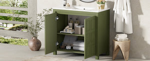 English Elm 36" Bathroom Vanity Organizer with Ceramic Sink, Solid Wood Distressed Finish, Hand-Painted Charm and Ample Storage Olive Green N729P255666F