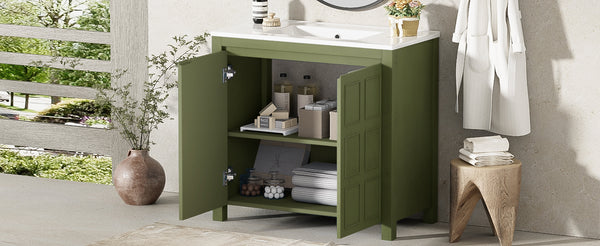 English Elm 36" Bathroom Vanity Organizer with Ceramic Sink, Solid Wood Distressed Finish, Hand-Painted Charm and Ample Storage Olive Green N729P255666F