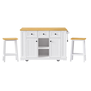 English Elm K&K 53" Large Kitchen Island with 2 Stools, Built-In Power Station, Wheels, Drop Leaf & Ample Storage White N707S000007W