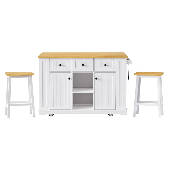English Elm K&k 53 Inch Kitchen Island Set with Bar Stools Power Outlet Drop Leaf and Storage White N707S003007W