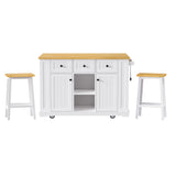 English Elm K&K 53Inch Large Kitchen Island With 2 Bar Stools, Power Outlet,Door Internal Storage Rack, Kitchen Storage Cart On 5 Wheels With Drop Leaf, 5 Open Side Racks, 3 Drawers, For Kitchen,Dining Room,White