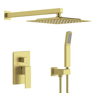 English Elm Shower System: Luxurious 10" Rainfall & Handheld Faucet Combo In Brushed Gold, Wall-Mounted Design T3177P269097-GIGA
