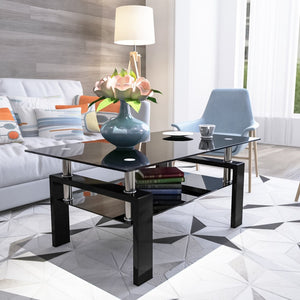 English Elm Rectangle Two Tier Tempered Glass Coffee Table Modern Iron Frame Living Room Accent W241P367360