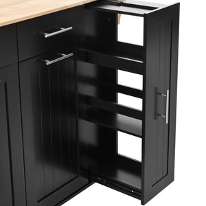 English Elm K&K Kitchen Island with Drop Leaf, Rolling Storage Cart with 3-Tier Pull-Out Organizer, Durable Wood Countertop Black WF531421AAB