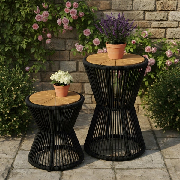 English Elm Scott Living Nara Outdoor Acacia Wood Side Tables with Woven Rope Iron Frame Set Black,Teak N770PS2354692B