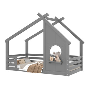 English Elm Twin House Floor Bed with Window & Shelf, Solid Wood Pitched Roof Design for Safe Cozy Sleep Grey W1580P362683