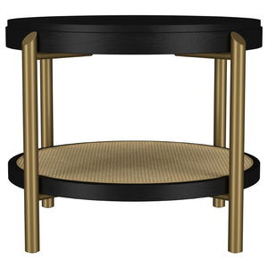 English Elm Benson Round Coffee and End Table Set with Brass Legs Rattan Shelf Accent Black B062S01403