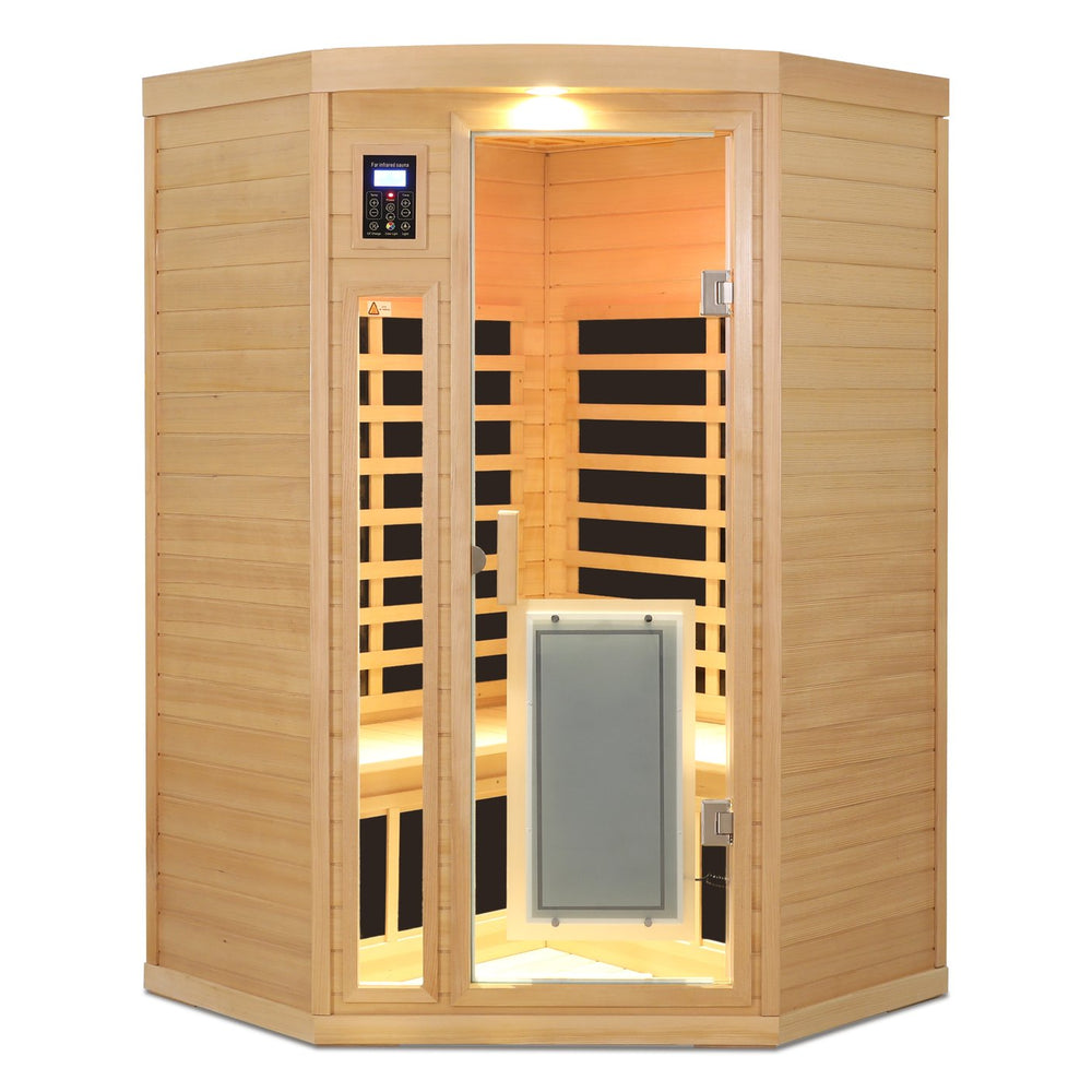 English Elm Low Emf Indoor Corner Sauna For Two – Premium Hemlock, Far-Infrared Heating, Bluetooth, Touch Control W1149S00004