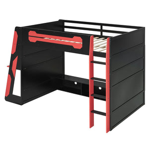 English Elm Full Size Wood Loft Bed with Rgb Lighting Desk Storage and Gaming Console Shelf Red LT000260AAR
