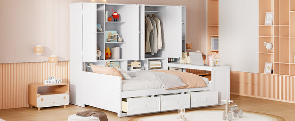 English Elm Full Size Wooden Daybed With Versatile Workspace, Three Storage Drawers, And Adjustable Shelves N820S00055K