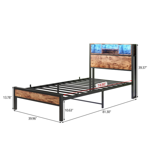English Elm Twin Metal Platform Bed with RGB Headboard Lights, Charging Station, Bookcase & Under-Bed Storage W840P294072