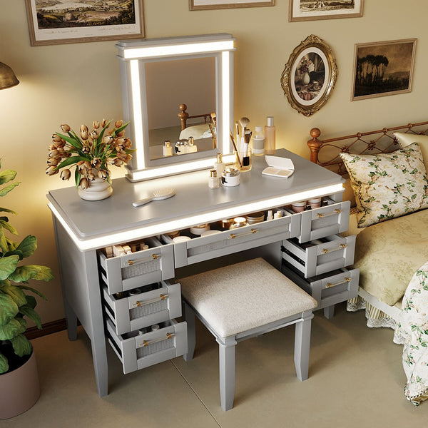 English Elm 48" Makeup Vanity Desk with Led Mirror Bamboo Weave Drawers Cushioned Stool Bedroom Grayish Blue N704P337484E