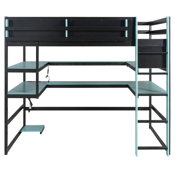 English Elm Full Size Gaming Loft Bed with Rgb Lights Wraparound Shelves and Built-in Usb Ports Blue LT000299AAC