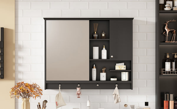 English Elm 36 Inch Wall Mounted Medicine Cabinet with HD Mirror, Adjustable Shelves, Towel Hooks, Modern Style Black N710P254924B