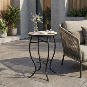 English Elm Outdoor Mosaic Ceramic Tile Round Side Table with Curved Wrought Iron Patio Accent Red+Black N773P365597R