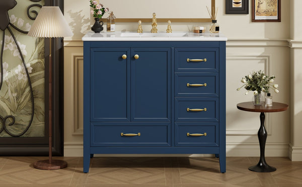 English Elm 36" Solid Pine Bathroom Vanity with Ceramic Sink 4 Soft Close Drawers Vintage Style Blue N759S293646C