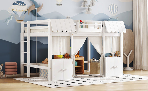 English Elm Full Loft Bed With Bookshelf & Storage - Amusement Park Design, Safety Guardrails, Cozy White Finish W1580S00358