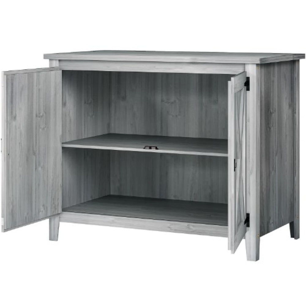 English Elm Wooden Fir Outdoor Storage Cabinet with Barn Doors Shelf and Raised Base for Patios T3971P422813