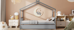English Elm Twin House Bed Solid Pine Cottage Frame with Pull Out Trundle for Kids Bedroom Gray N708P309238E
