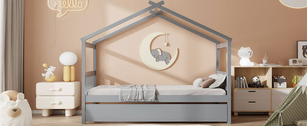 English Elm Twin House Bed Solid Pine Cottage Frame with Pull Out Trundle for Kids Bedroom Gray N708P309238E