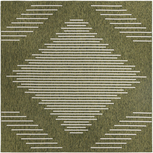 Unique Loom Outdoor Modern Tambor Machine Made Lines Rug Green, Ivory 13' 0" x 13' 0"