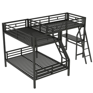 English Elm Twin Triple Bunk Bed with Loft, Desk & Shelf — Metal Black L-Shaped Sleep/Study Space, No Box SpringNeeded SM000606AAB