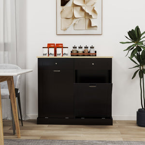 English Elm Two Compartment Tilt Out Trash Cabinet with Drawers Matte Black Kitchen Storage W1120127329
