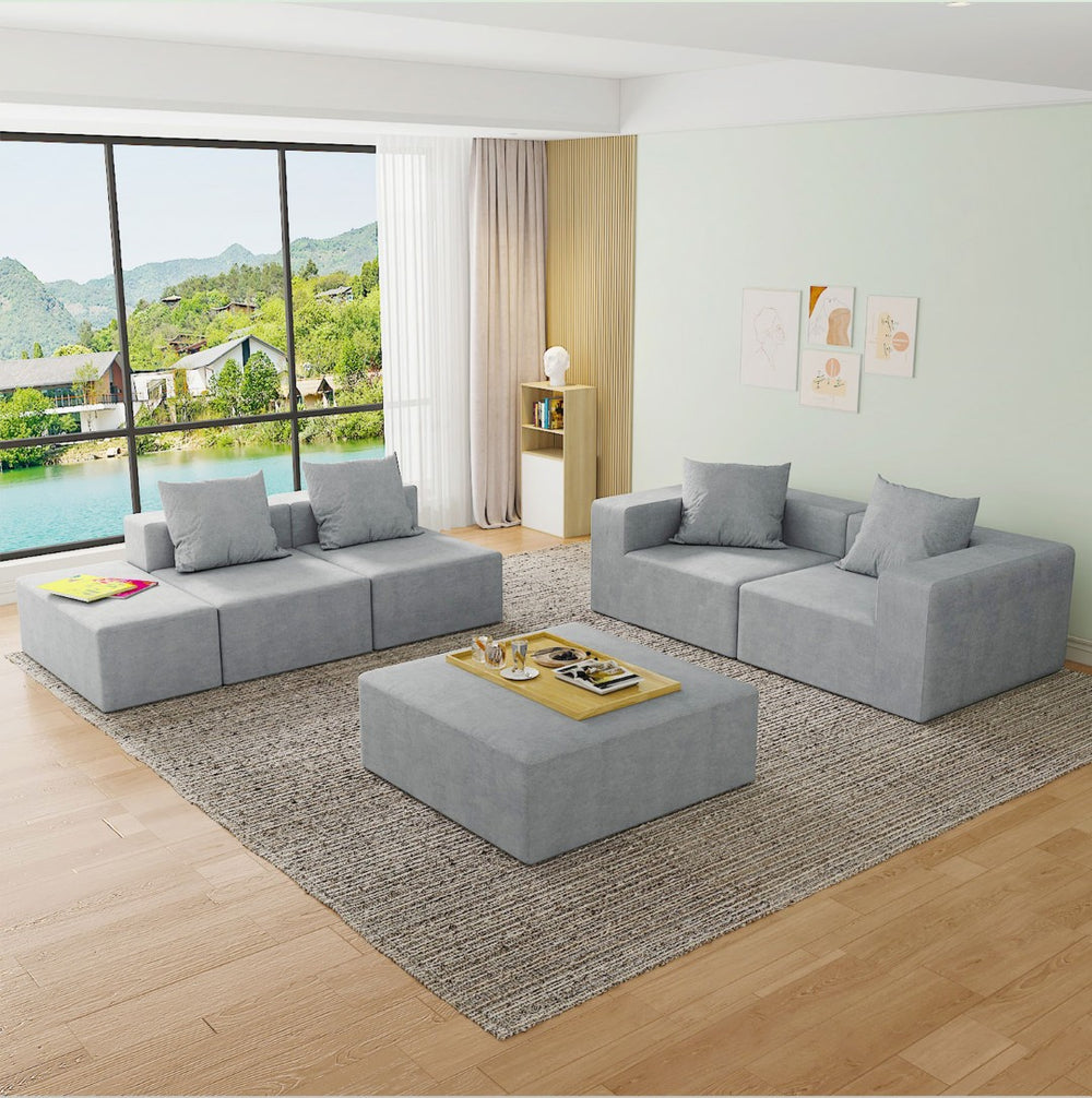 English Elm Modular Cloud Sectional Sofa with Corduroy Upholstery and Two Ottomans for Living Room W3341S00002