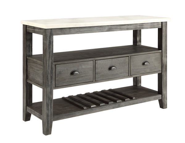 English Elm Merel Marble Top Server with Gray Oak Finish, 3 Drawers, Wine Rack, Felt-Lined Storage Elegance B2726P305705