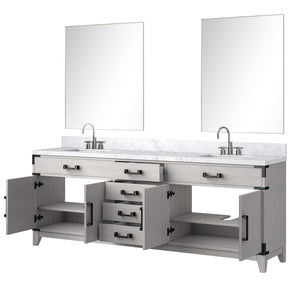 English Elm White Oak Double Vanity Set 84" With Carrara Marble Top, Chrome Faucets, & 36" Matching Mirrors B2731S01881-GIGA