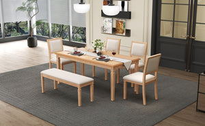 English Elm Trexm Rustic Farmhouse Extendable Dining Set Six Piece with Bench Distressed Wood Beige,Natural Wood Wash ST000151AAD