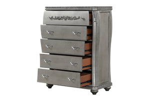 English Elm Destiny Traditional 5-Piece King Bedroom Set: Luxurious Upholstered Bed & Elegant Silver Finish B009S01359