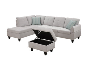 English Elm Black Faux Leather Sectional Sofa with Cup Holders Storage Ottoman and Nailhead Trim Light Gray B2730S00023
