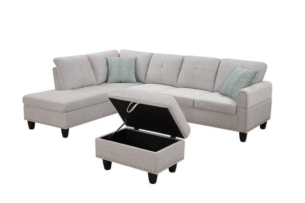 English Elm Black Faux Leather Sectional Sofa with Cup Holders Storage Ottoman and Nailhead Trim Light Gray B2730S00023