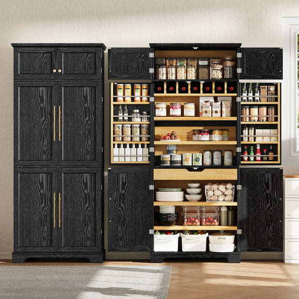 English Elm K&k Farmhouse Pantry Cabinet Tall Freestanding Kitchen Storage with Drawers Shelves Black N707P356567B