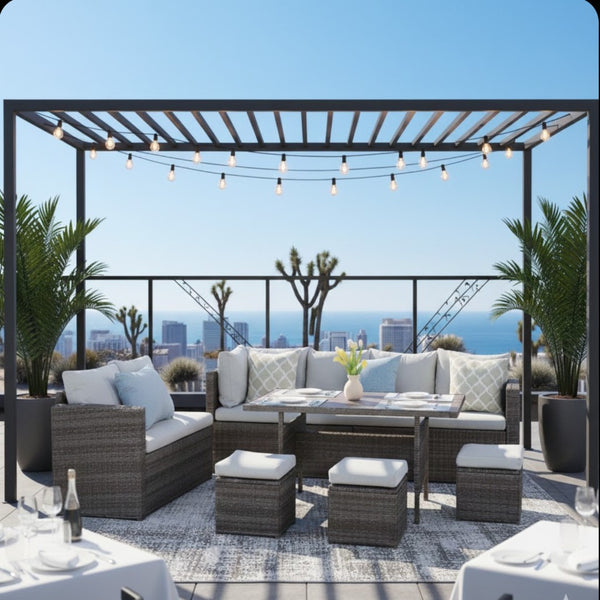 English Elm 7 Piece Outdoor Wicker Dining Set Modular Sectional Sofa Ottomans and Patio Table Grey+Brown B082S00077